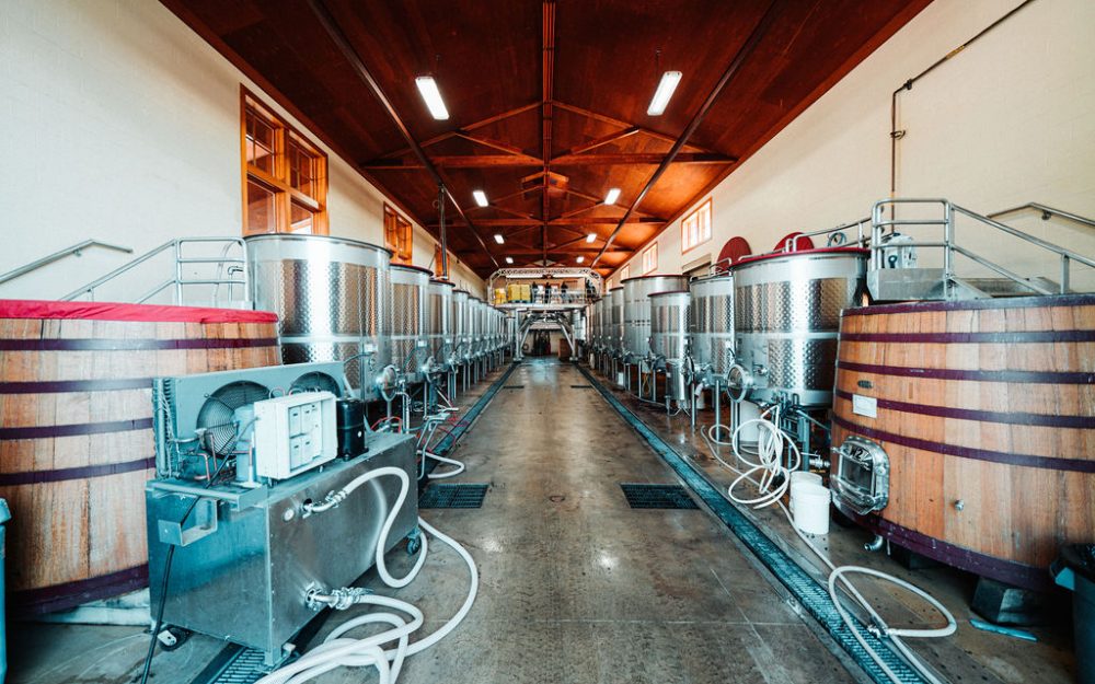 Lemelson Vineyards' winery with stainless tanks and oak cuves